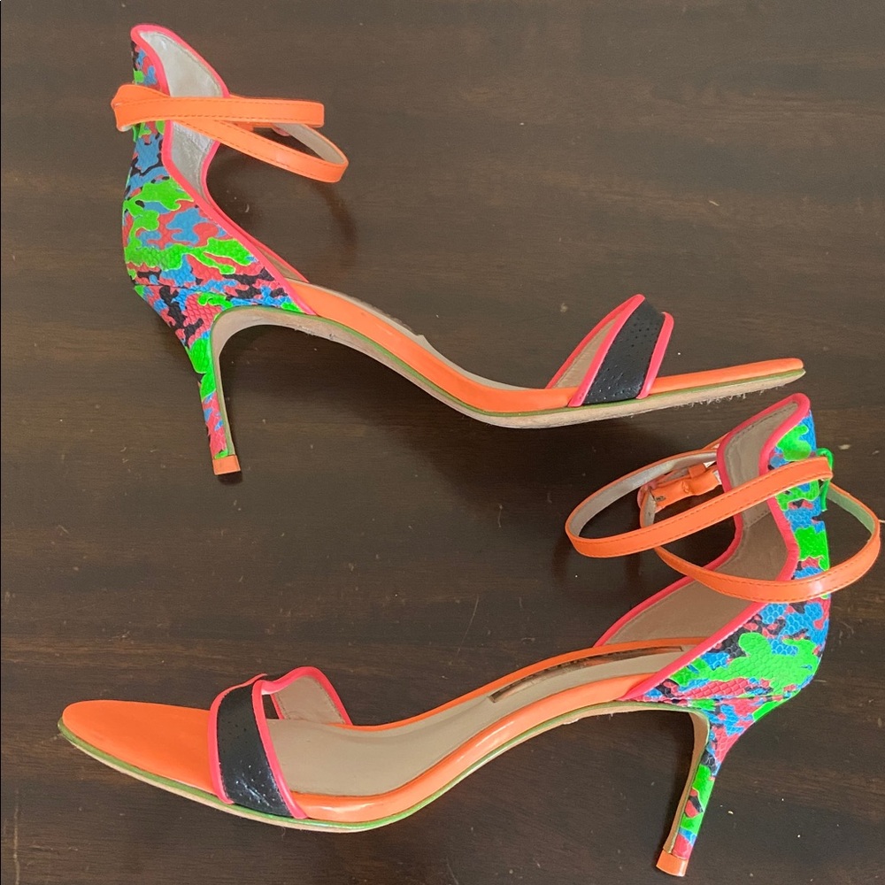 Sophia Webster Neon Orange Pink Green Mixed-Print Ankle-Strap Heels - Picture 6 of 9